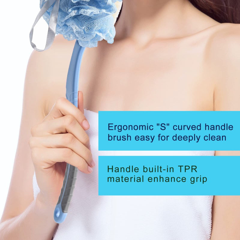 HONOMA [2nd Generation] Shower Body Brush with Bristles and Loofah Back Scrubber Bath Mesh Sponge with Curved 16 "" Long Non-Slip Handle Skin Exfoliating Massage Suitable for Men and Women (Blue) - Image 5